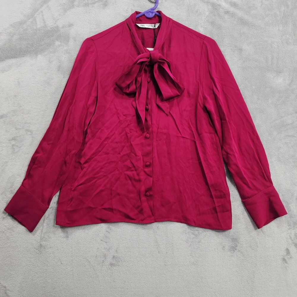 Zara Top Womens M Pink Satin Bow Tie Neck Button Front Long Sleeve Blouse Preppy